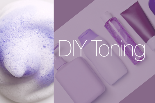 a close up of a swirl of mousse with a purple swirl in it, next to a flat lay arrangement of generic purple bottles with the title, "DIY Toning"