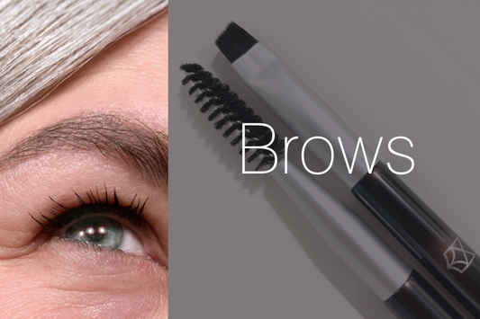 a close up of a smiling eye, brow and swatch of hair next to a close up of professional brow-styling brushes with the title, "Brows"