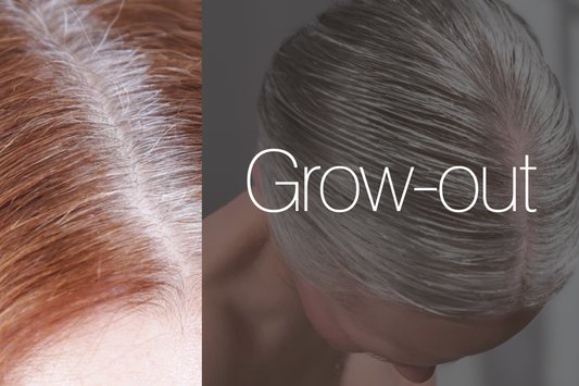 a close up of a scalp showing gray hair growing from the roots of red dyed hair, next to an image of a healthy fully silver-haired scalp with the title, "Grow-out"