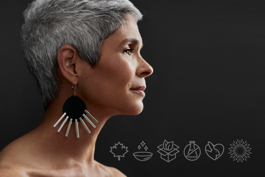 Image of silvering woman with product ethical benefit icons displayed