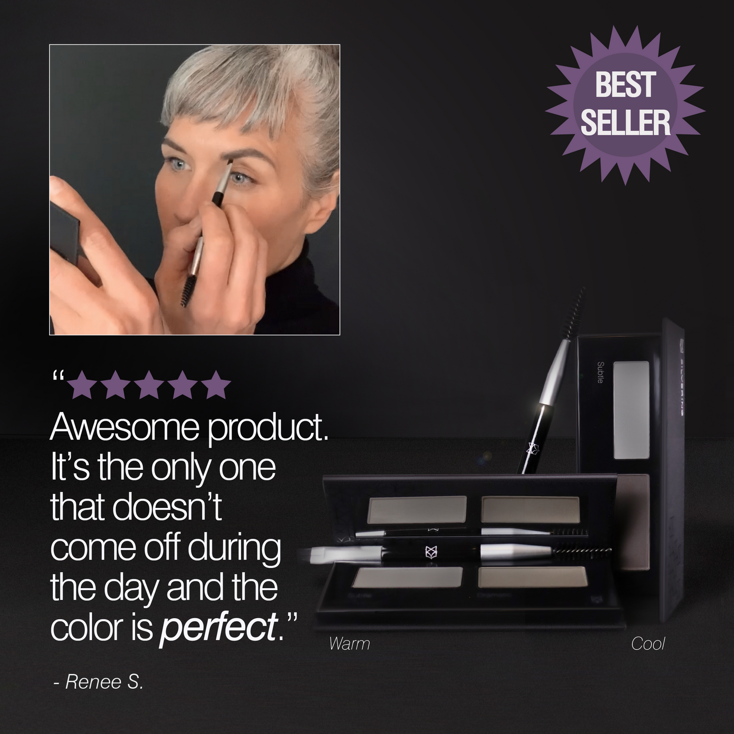 an image showing the application of the brow, a close up of the two color ways of the True Expression product and brushes, and a 5-star review, "Awesome product. It's the only one that doesn't come off during the day and the color is perfect."