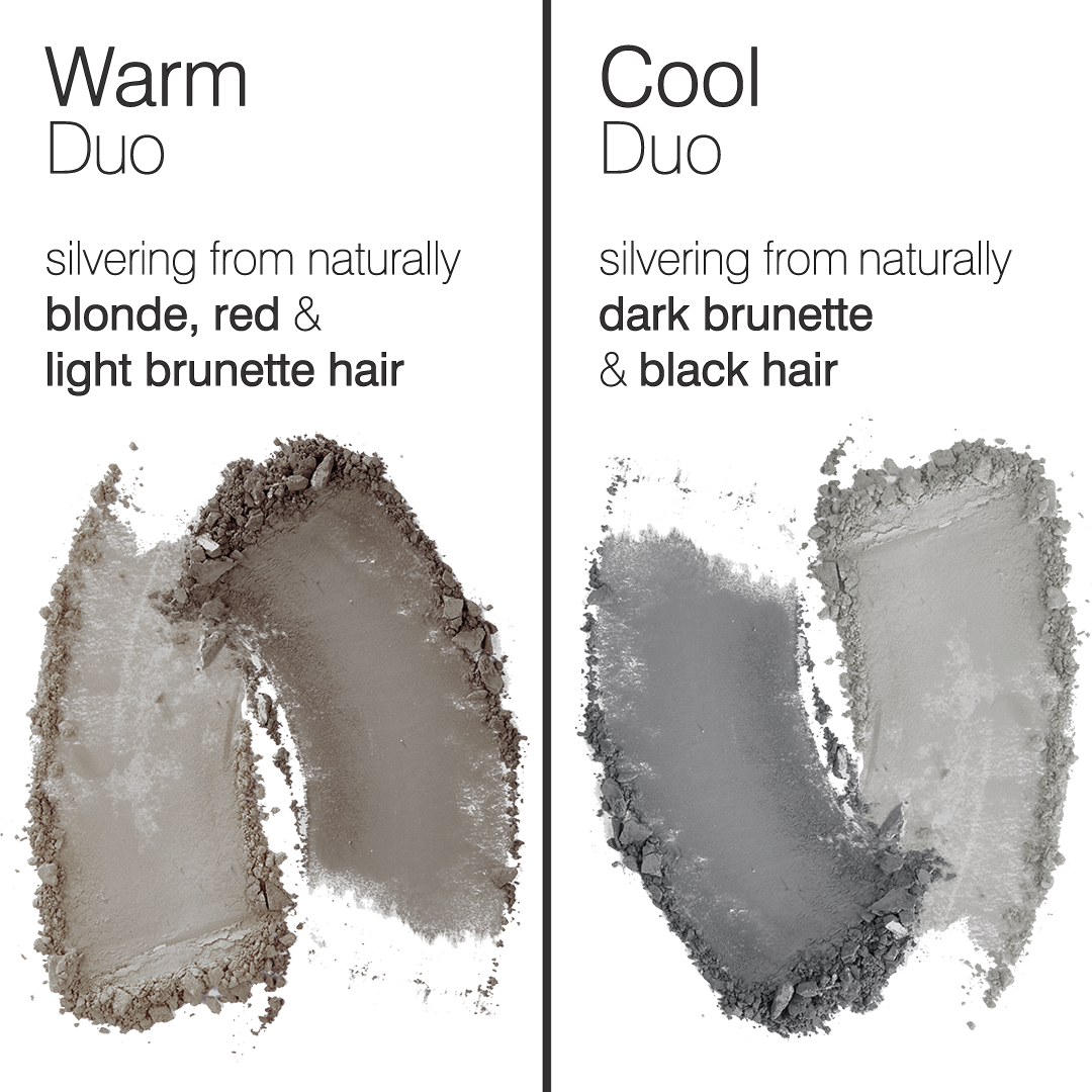 two sets of two powder swatches showing the two shades that True Expression is available in : Warm Duo: for women silvering from naturally blonde, red & light brunette hair... and the Cool Duo: for women transitioning from naturally dark brunette & black hair.