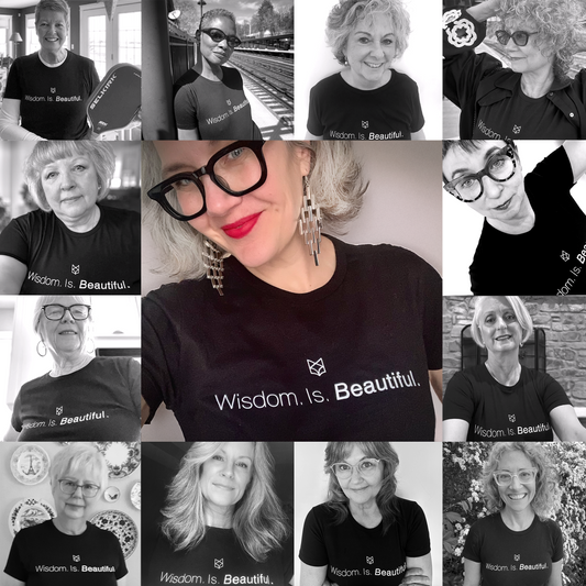 A set of various silvering women customers showing off their "Wisdom. Is. Beautiful." Silvering t-shirts