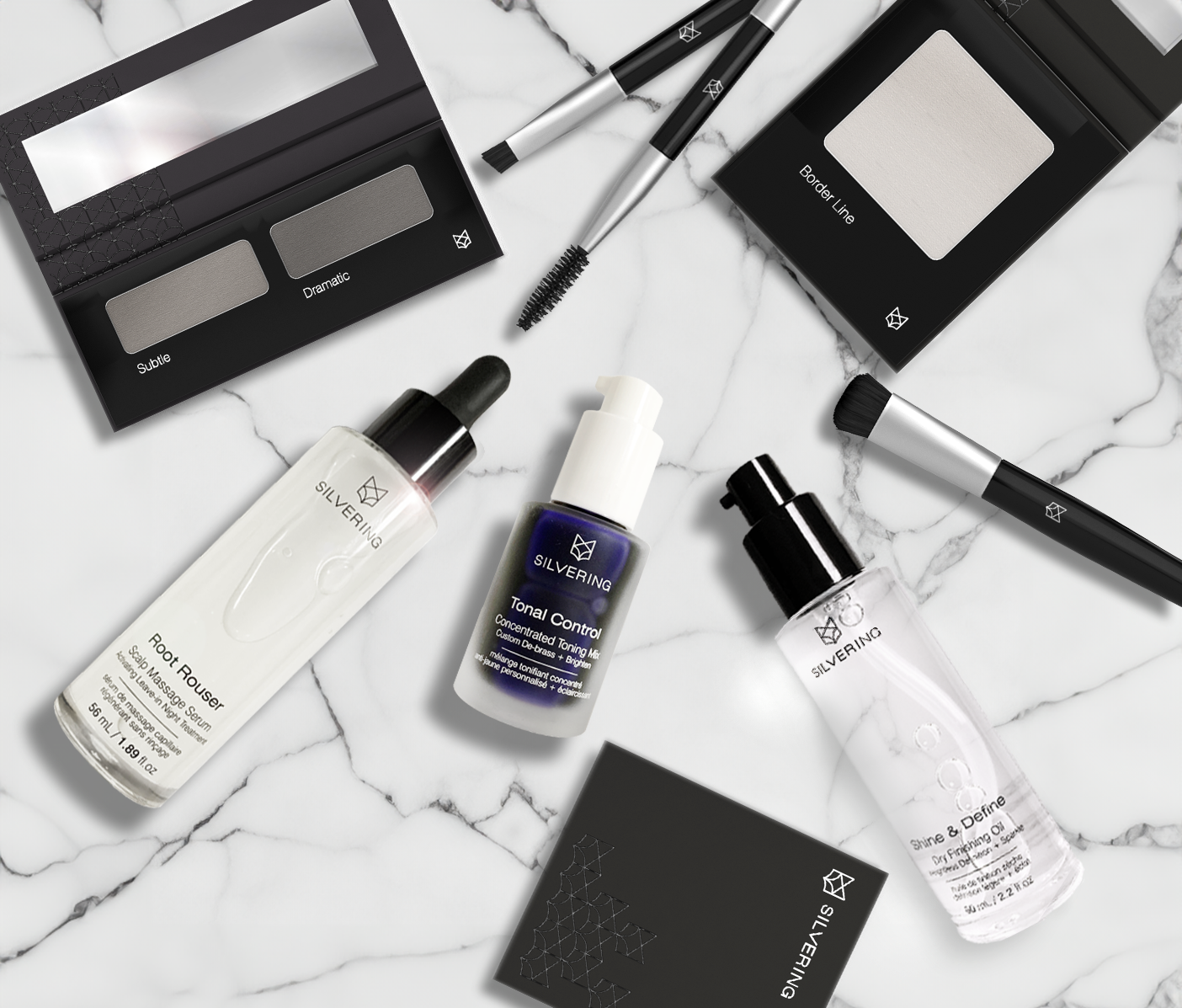 An array of silvering products made for silver gray and white hair