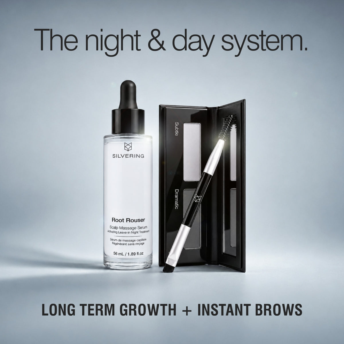 Big Expression day and night system with True Expression brow powder for daytime filling and Root Rouser brow serum for nighttime growth support. 
