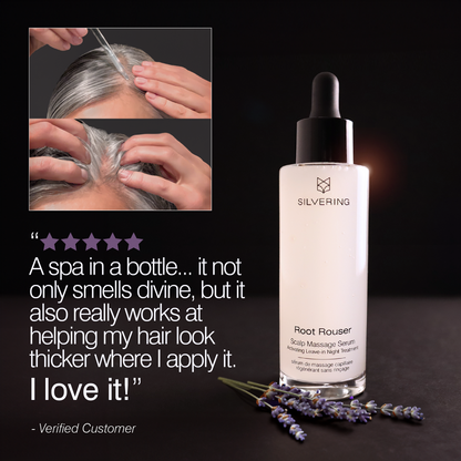 Showing application of Root Rouser on the scalp and then massaging it in.  A beautiful picture of the Root Rouser bottle with a sprig of rosemary beside it.  A 5-star review: "A spa in a bottle... it not only smells divine, but it also really works at helping my hair look thicker where I apply it.  I love it!"