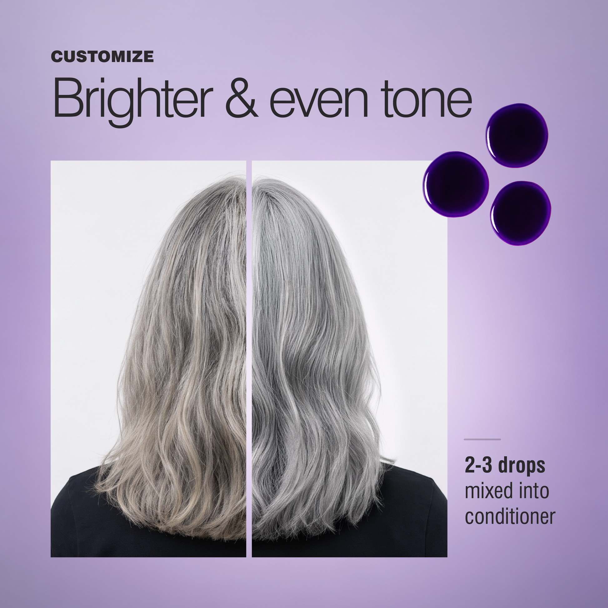 Before and after gray hair neutralizing yellow tones with Tonal Control mixed into conditioner