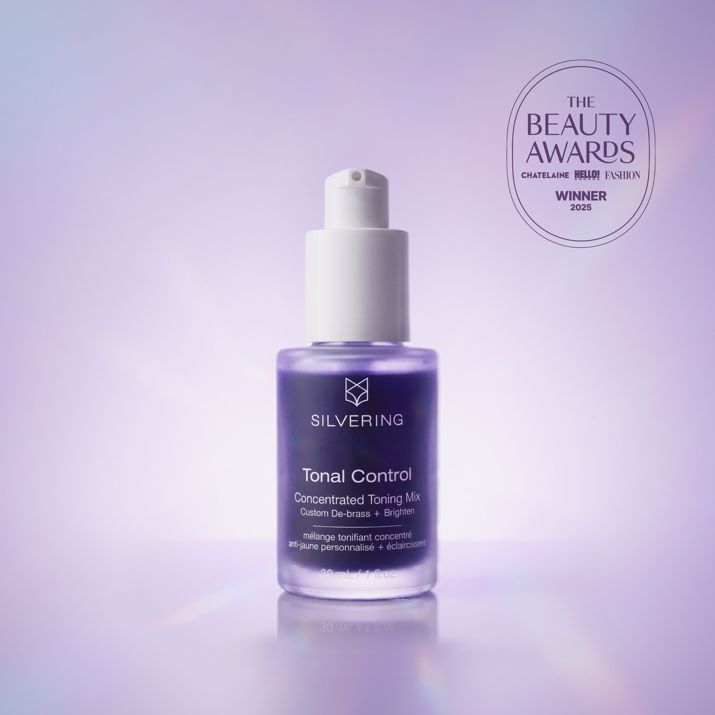 Tonal Control bottle, award-winning seal for best purple shampoo alternative for gray, silver and white hair awarded by Chatelaine and Hello Magazine