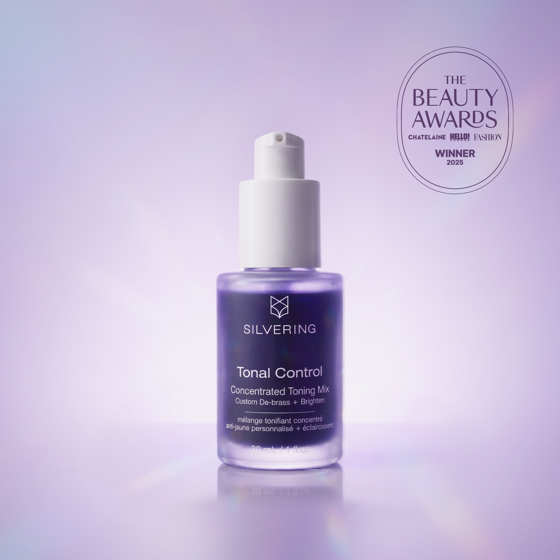 Tonal Control bottle, award-winning seal for best purple shampoo alternative for gray, silver and white hair awarded by Chatelaine and Hello Magazine