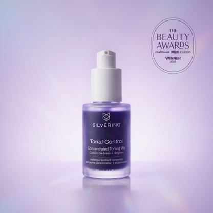 Tonal Control bottle, award-winning seal for best purple shampoo alternative for gray, silver and white hair awarded by Chatelaine and Hello Magazine