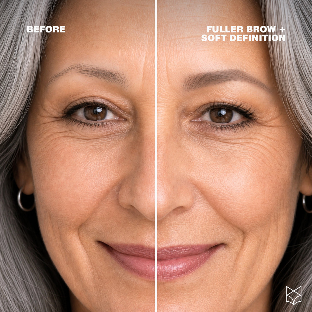 Same woman showing one sparse brow before and one brow filled with True Expression (cool) powder. 
