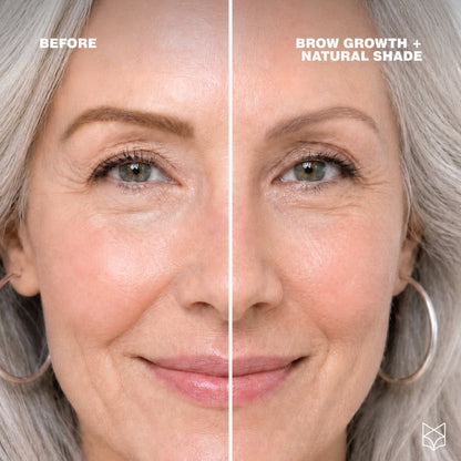 Same woman showing one too warm brow before and one brow filled with True Expression (warm) powder. 
