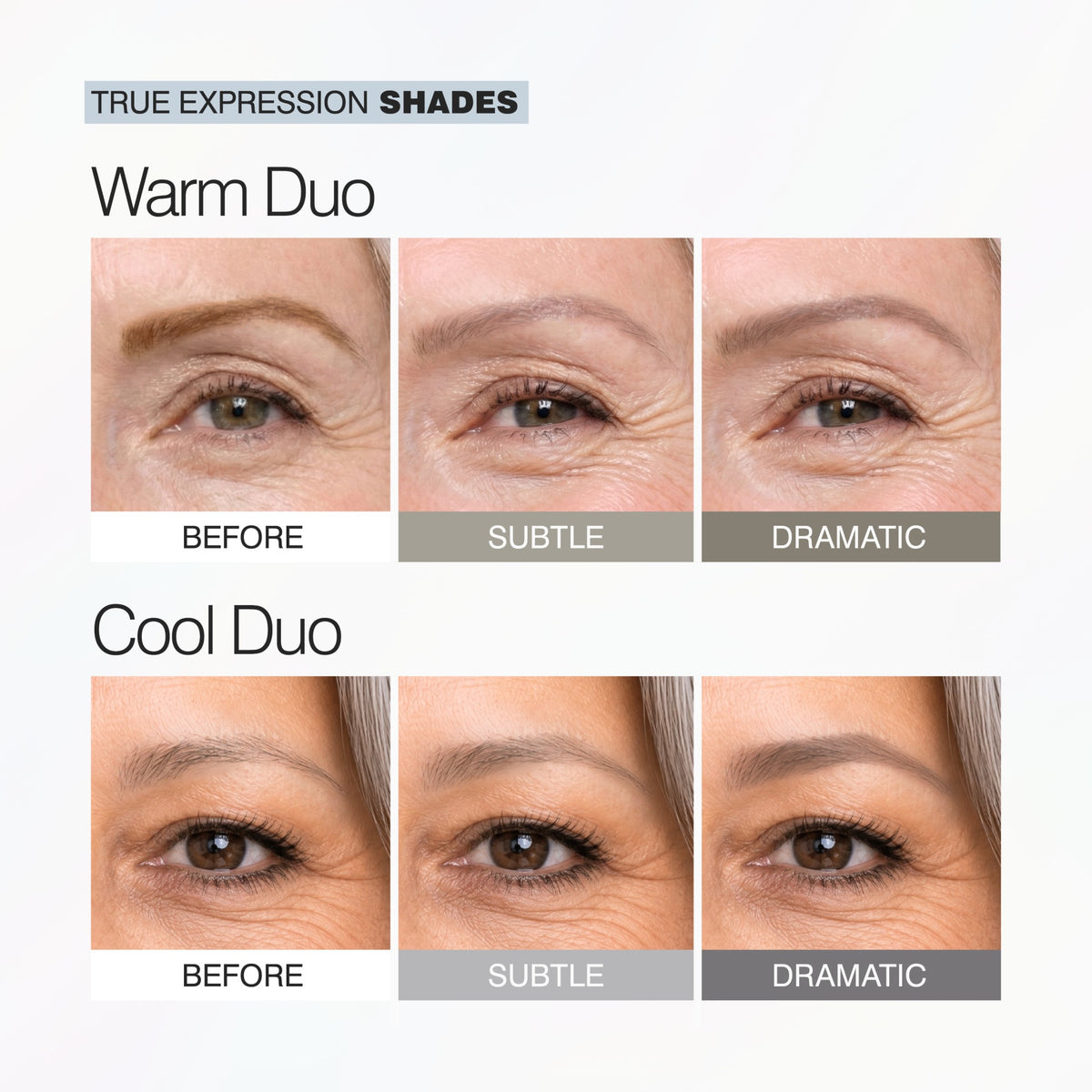 True Expression Duos showing Subtle and Dramatic desaturated brow shades for naturally silver hair. 
