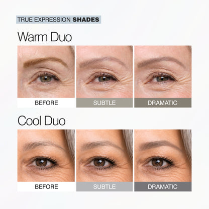 True Expression Duos showing Subtle and Dramatic desaturated brow shades for naturally silver hair. 
