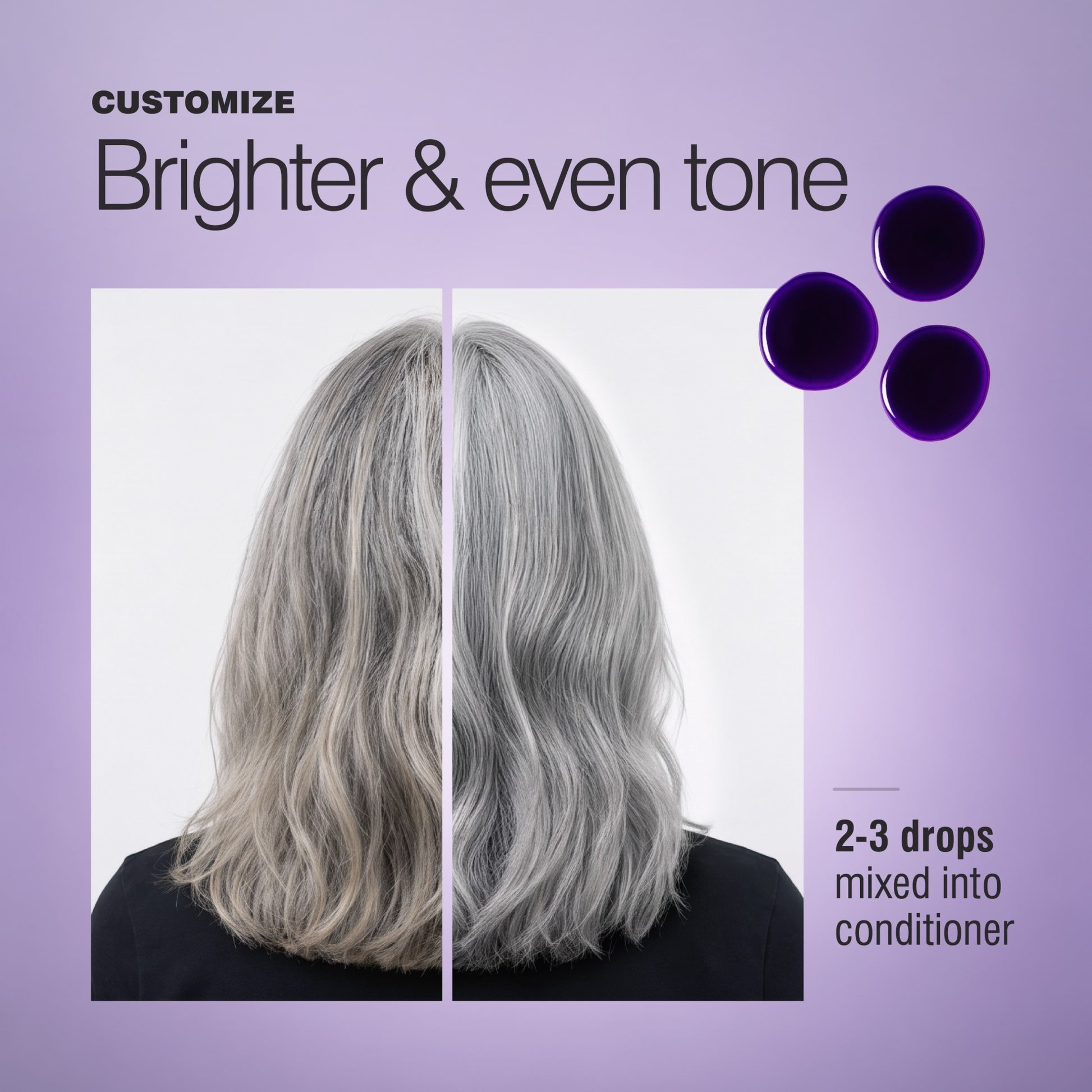 Before and after gray hair toning with Tonal Control mixed into conditioner