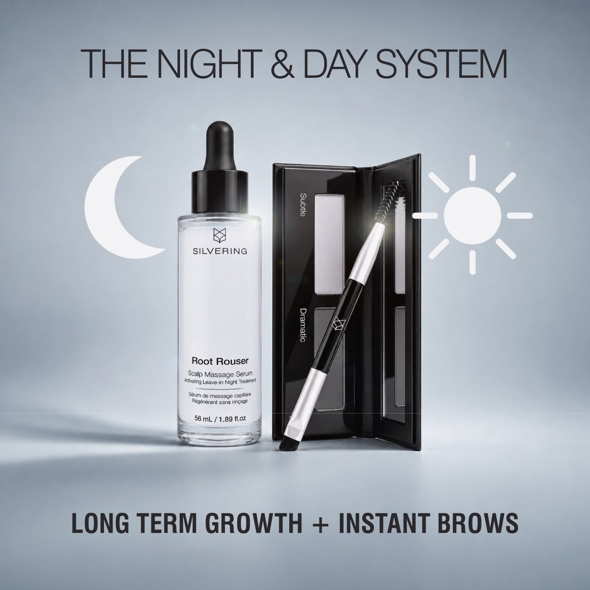 Big Expression day and night system with True Expression brow powder for daytime filling and Root Rouser brow serum for nighttime growth support. 