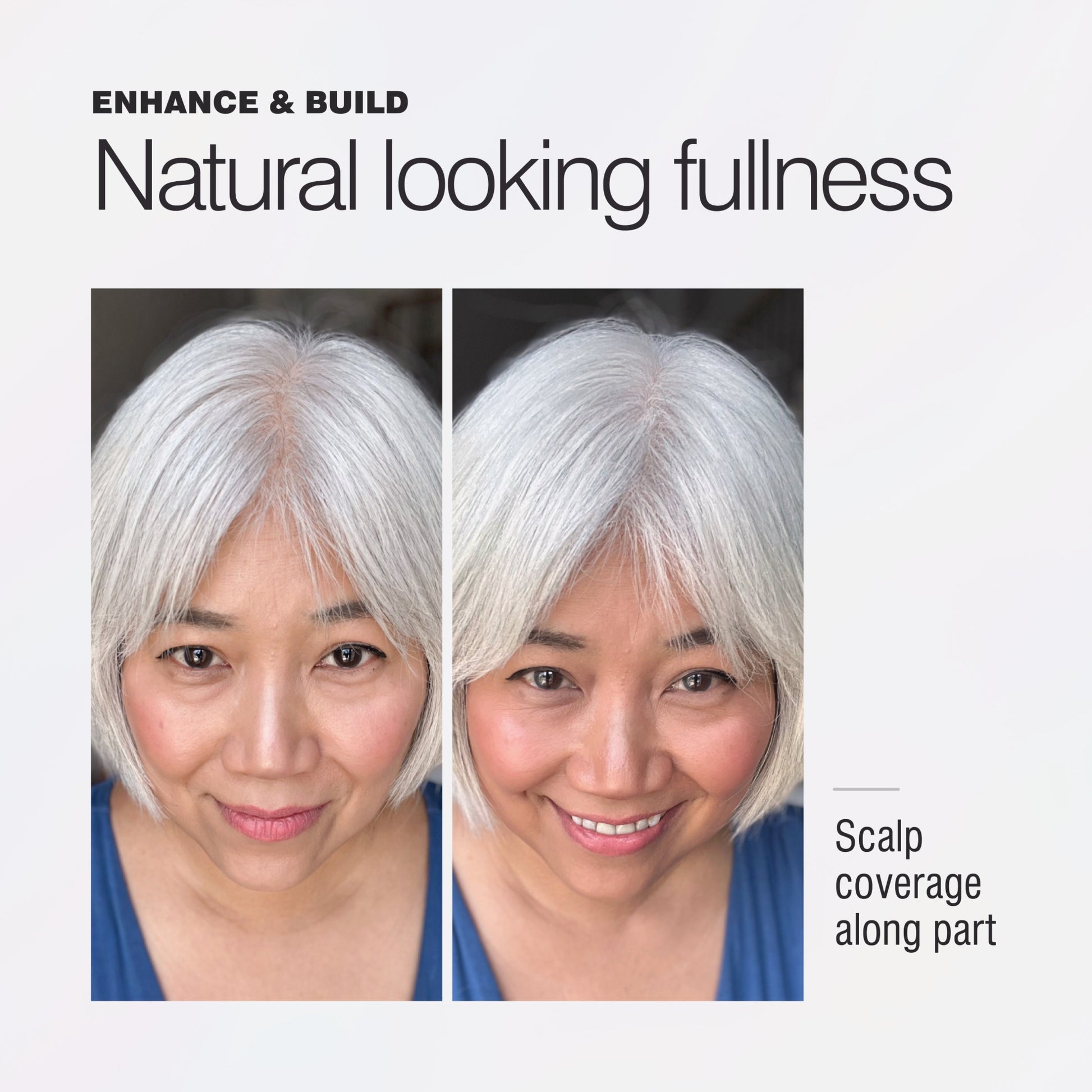 Before and after showing Border Line White creating natural-looking scalp coverage along the part