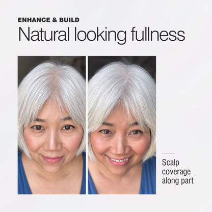 Before and after showing Border Line White creating natural-looking scalp coverage along the part
