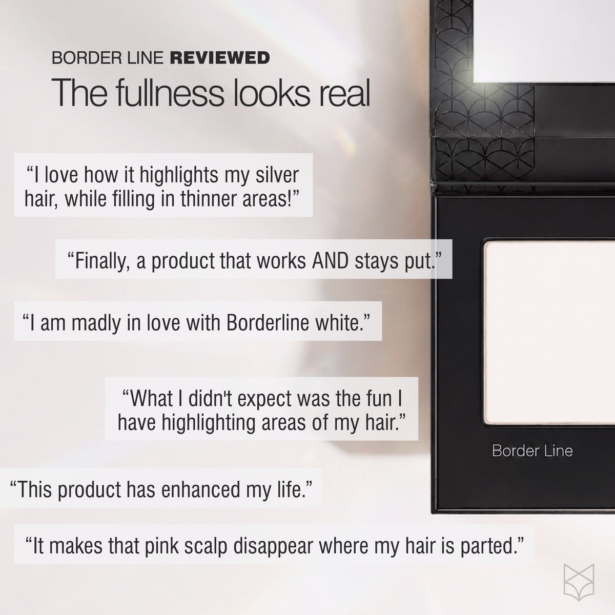 Border Line White optical hair filler with customer reviews about fuller-looking white hair and reduced visible scalp.
