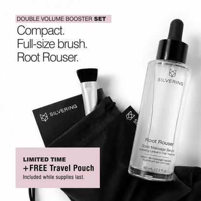 Double Volume Booster Set with two-tone hair filler compact, full-size brush, Root Rouser serum and free travel pouch gwp