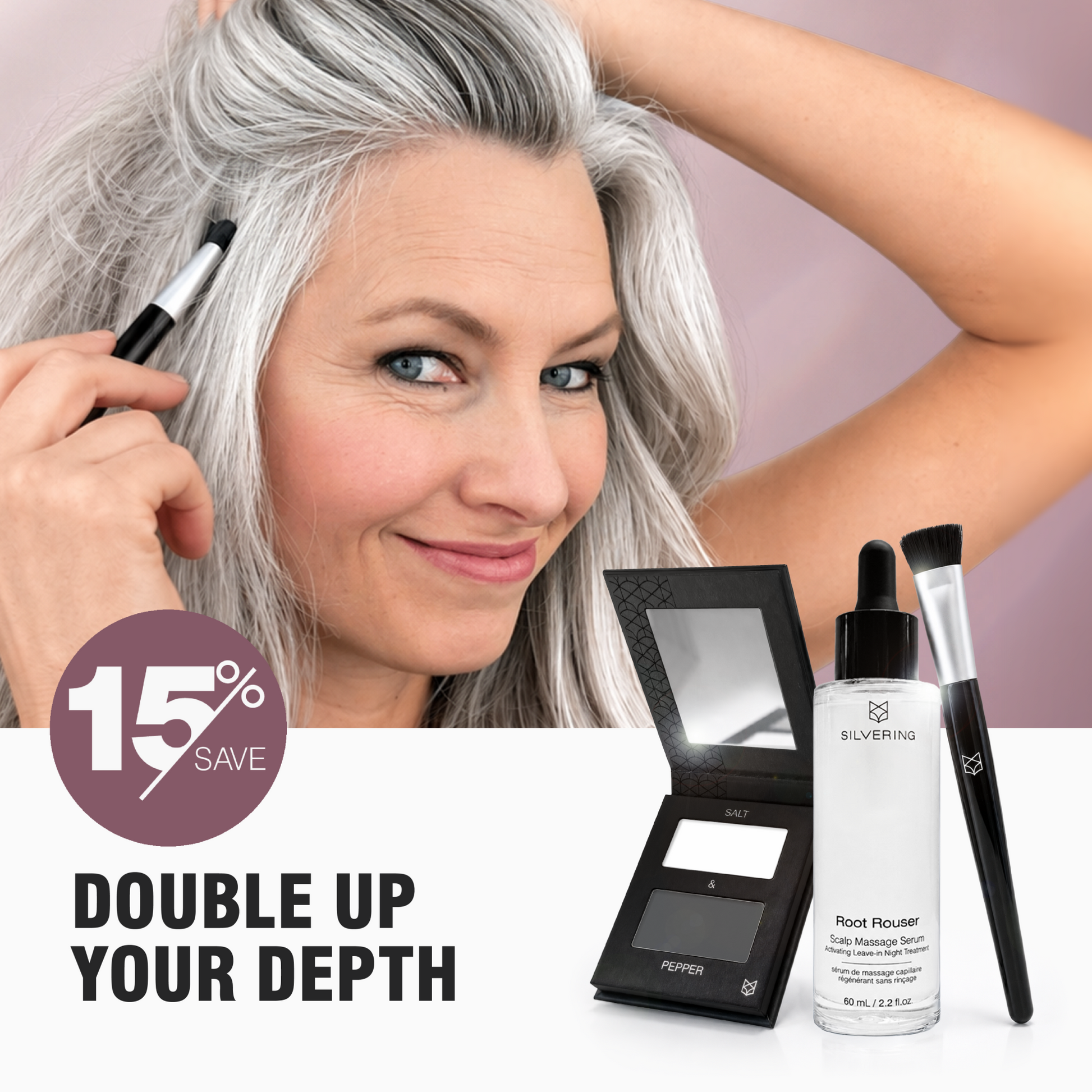 Silver-haired woman with Border Line Double two-tone hair filler and Root Rouser growth serum for fuller-looking hair