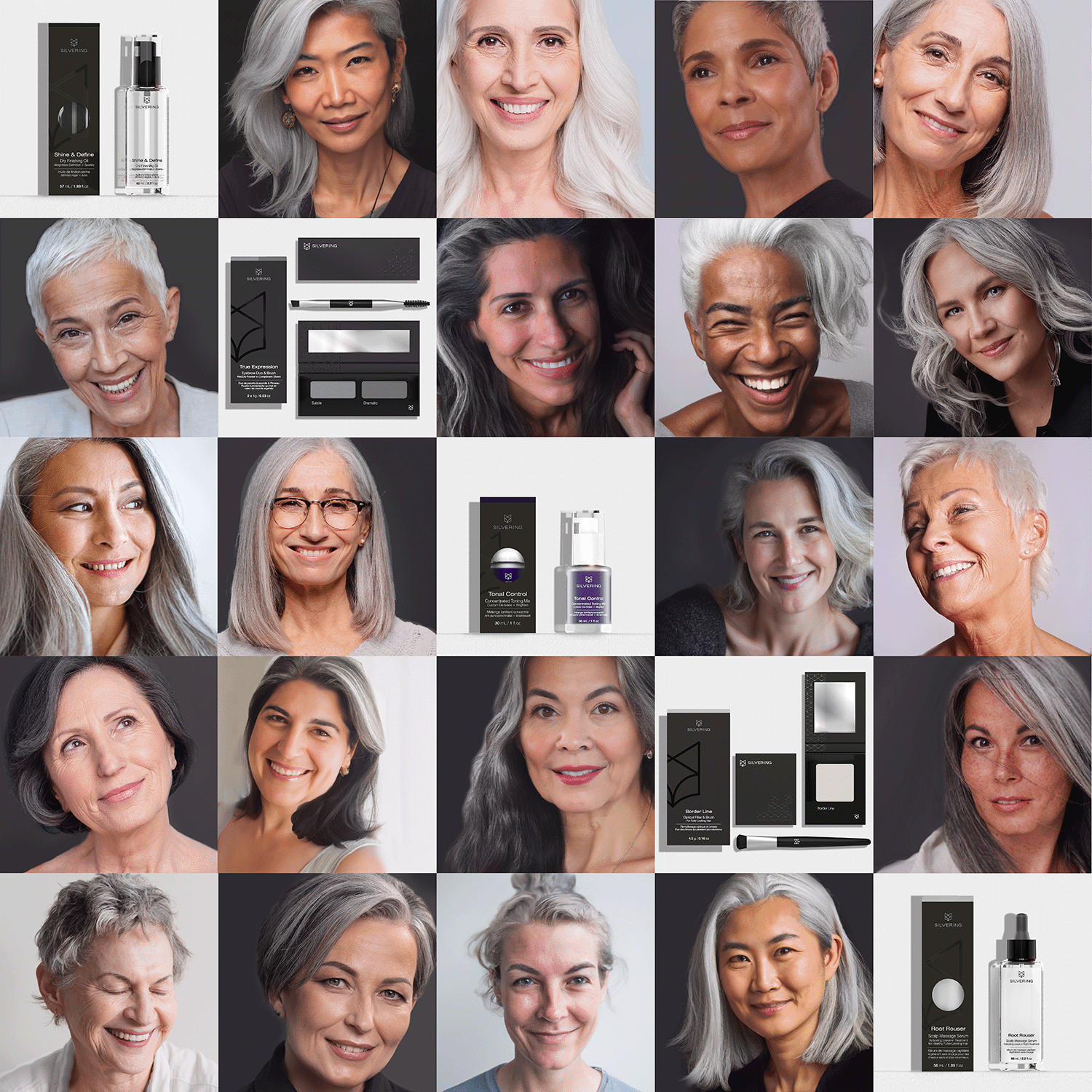 grid of many women of different ethnicities with various types of grey hair