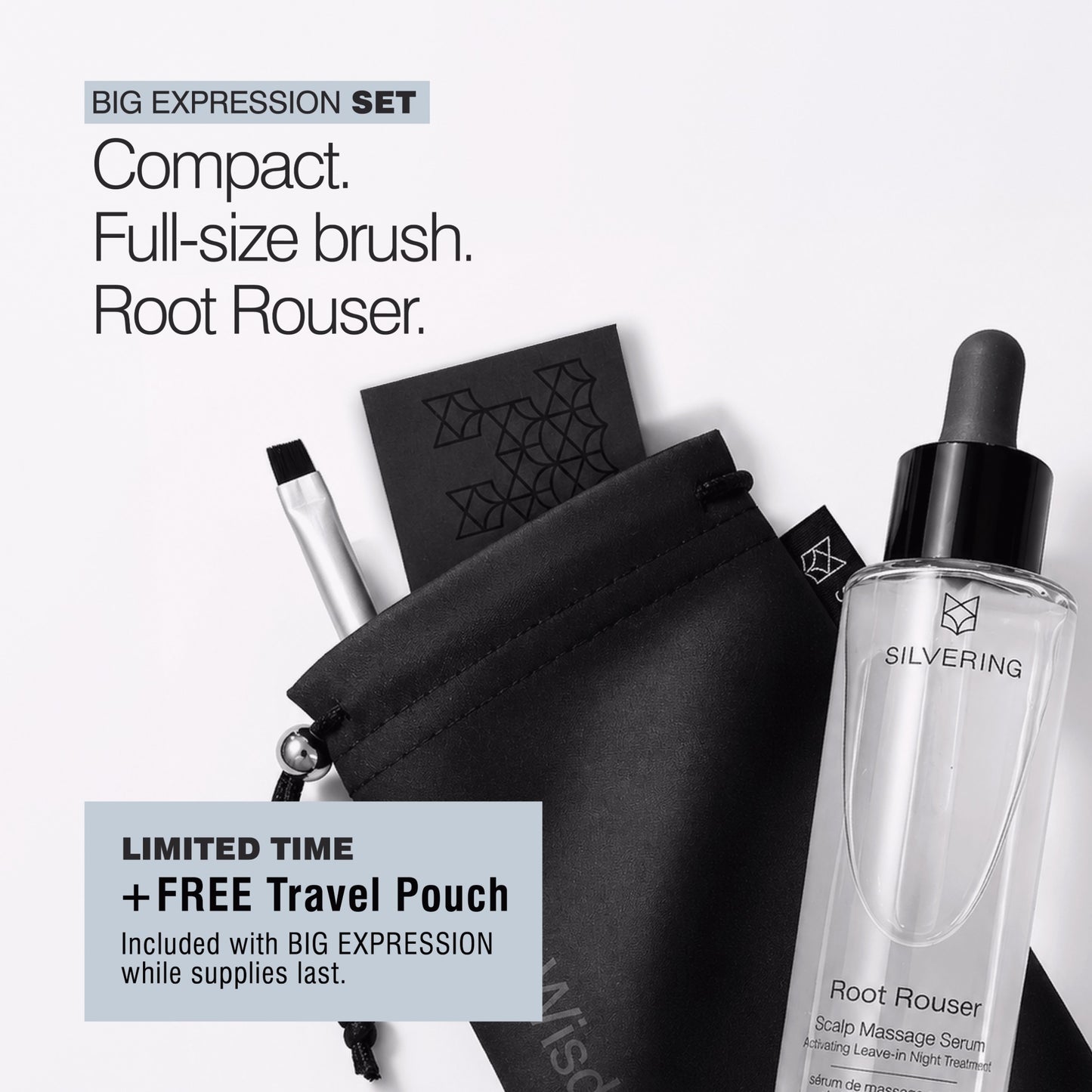 Free black Silvering travel pouch with the Big Expression brow powder and Root Rouser serum bundle. 
