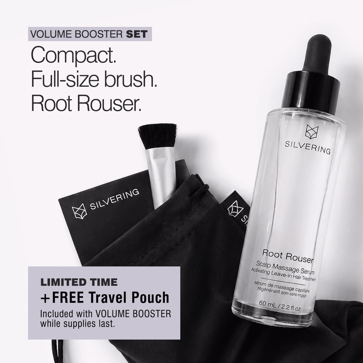 Free Silvering travel pouch shown with Border Line White and Root Rouser Volume Booster bundle.