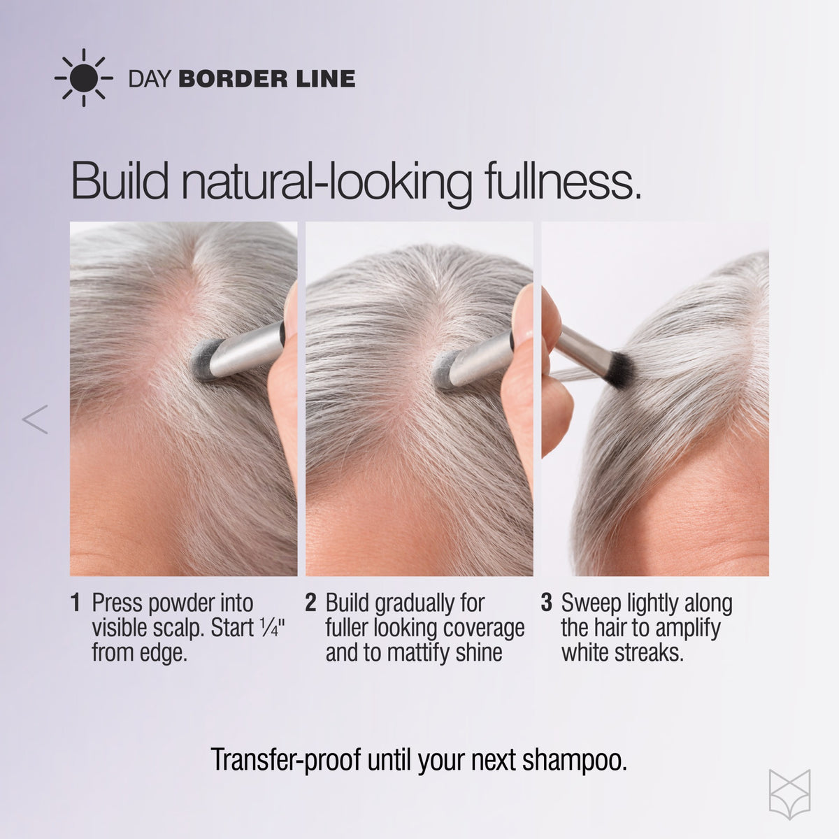 Applying Border Line White powder with a contour brush to thinning areas along the part and hairline.