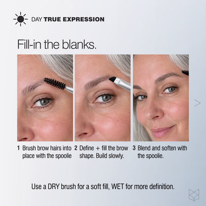 Three steps for filling sparse brows with True Expression powder using the angled brush and spoolie. 