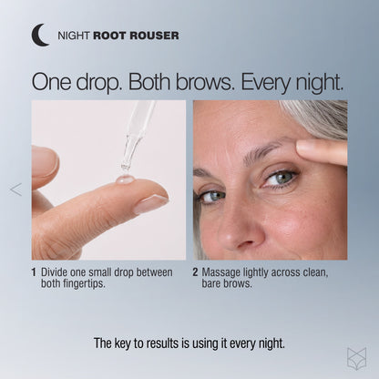 Applying one small drop of Root Rouser eyebrow growth serum across clean brows at night. 