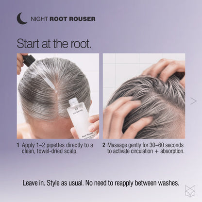 Applying Root Rouser serum with a dropper to a clean scalp followed by gentle fingertip massage.