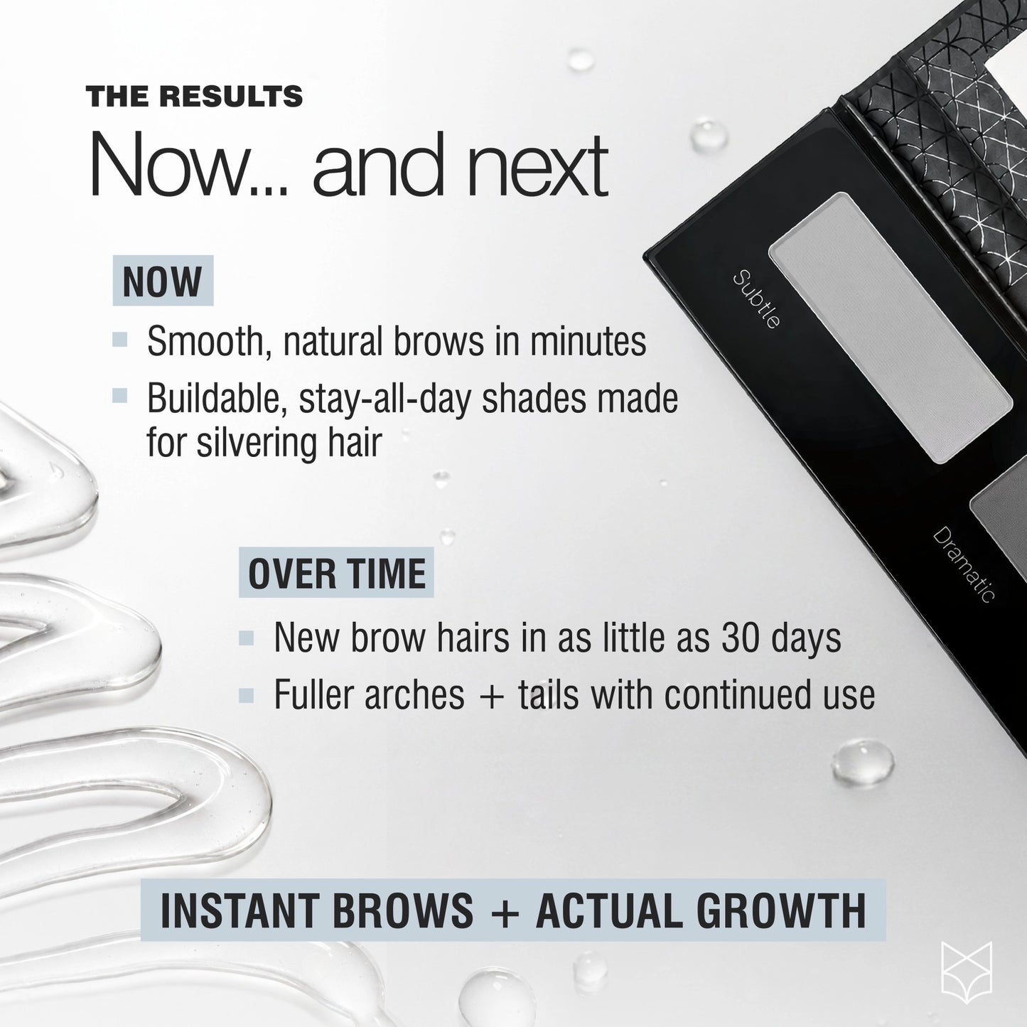 True Expression powder and Root Rouser serum showing immediate sparse-brow filling and longer-term fuller brow growth. 