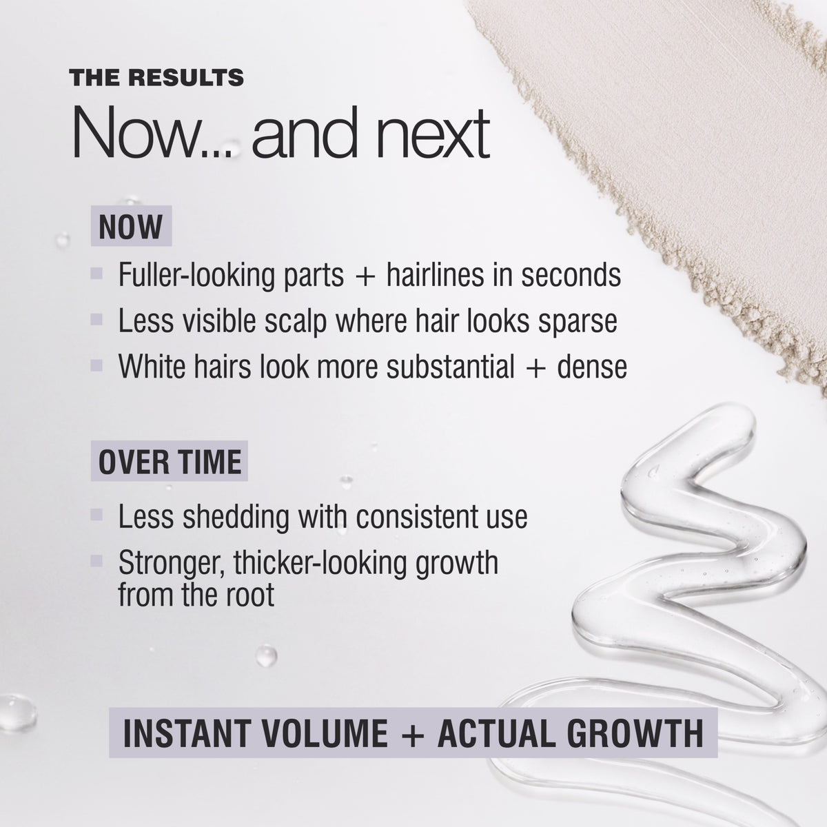 Border Line white powder and Root Rouser serum showing immediate filling and longer-term, stronger hair growth. 