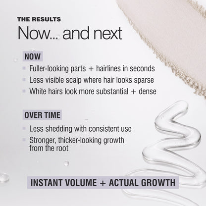 Border Line white powder and Root Rouser serum showing immediate filling and longer-term, stronger hair growth. 