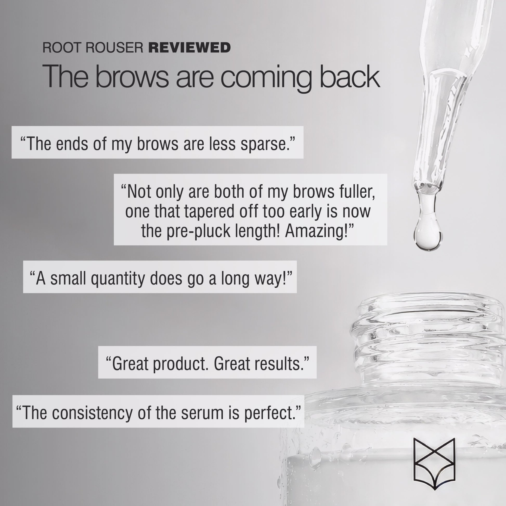 Root Rouser brow growth serum with verified customer reviews reporting fuller brows and less-sparse brow ends. 