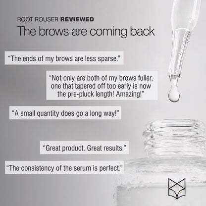 Root Rouser brow growth serum with verified customer reviews reporting fuller brows and less-sparse brow ends. 