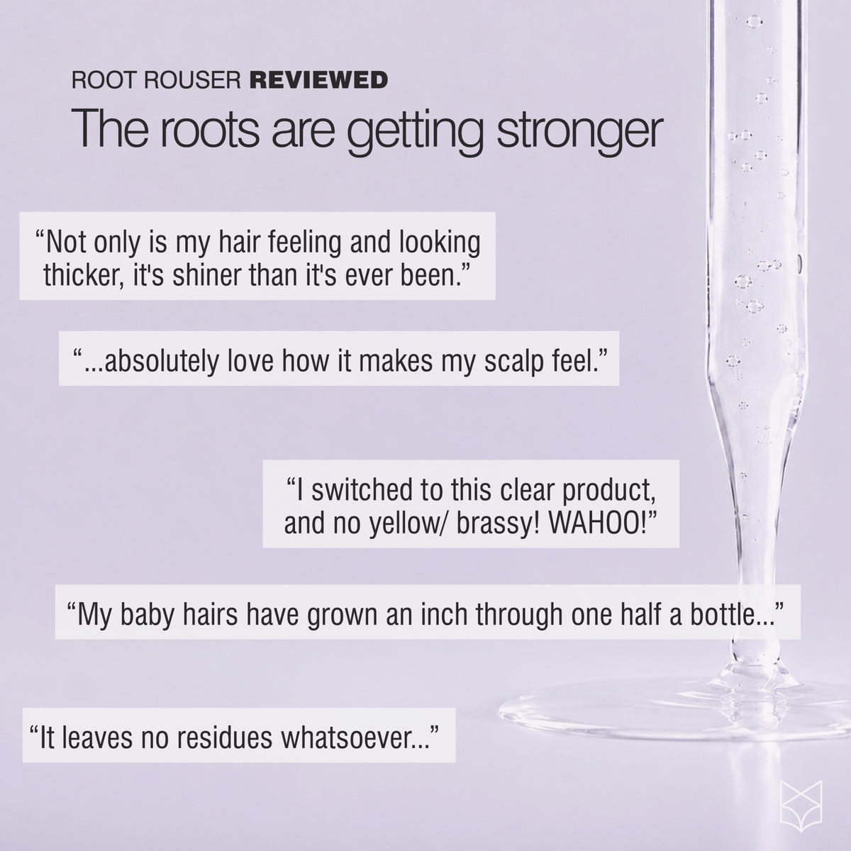 Root Rouser scalp serum with customer reviews about reduced shedding and fuller stronger silver hair.