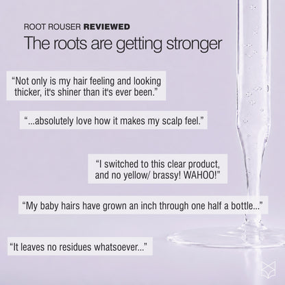 Root Rouser scalp serum with customer reviews about reduced shedding and fuller stronger silver hair.