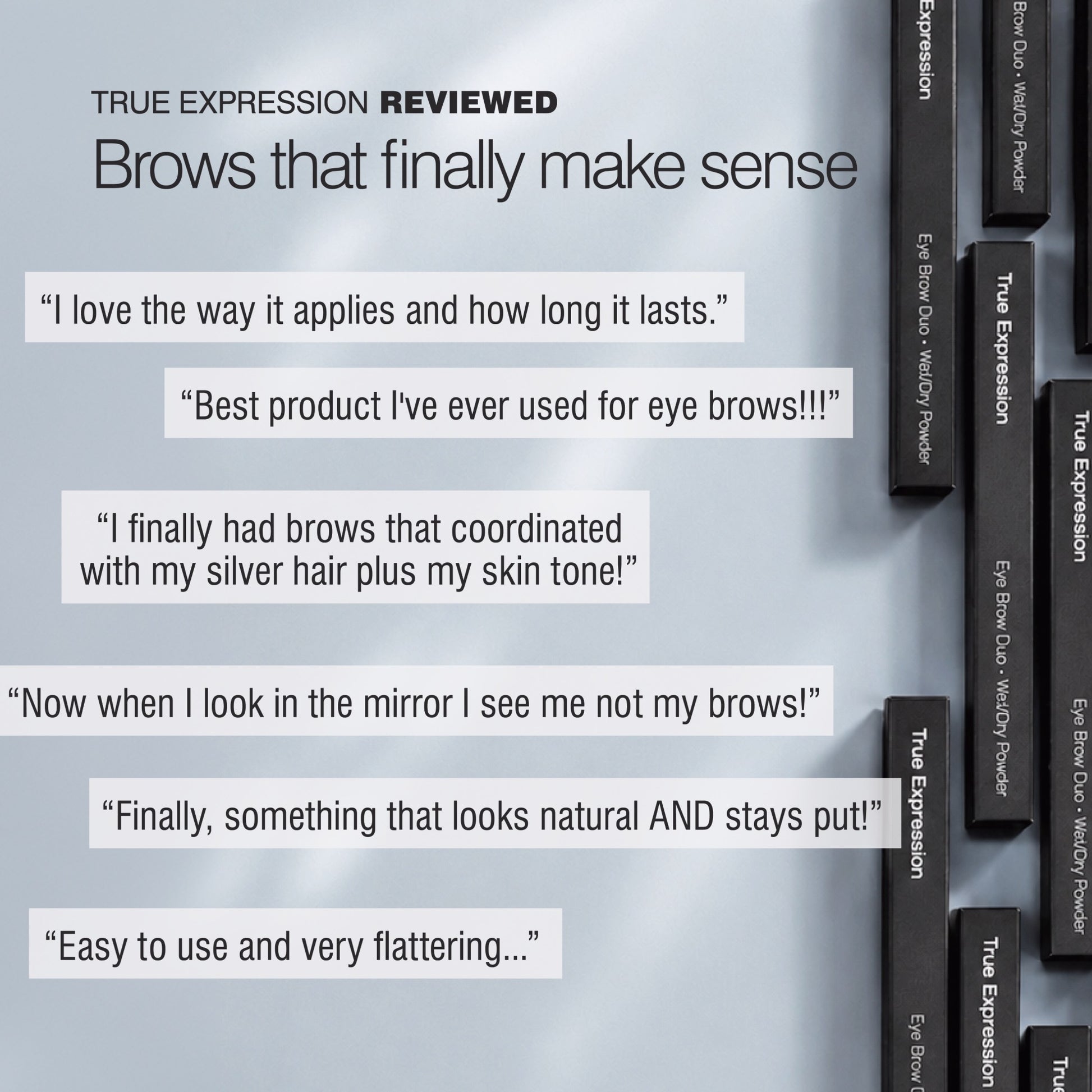 True Expression brow powder compact with verified reviews about natural colour, silver hair coordination and lasting wear. 