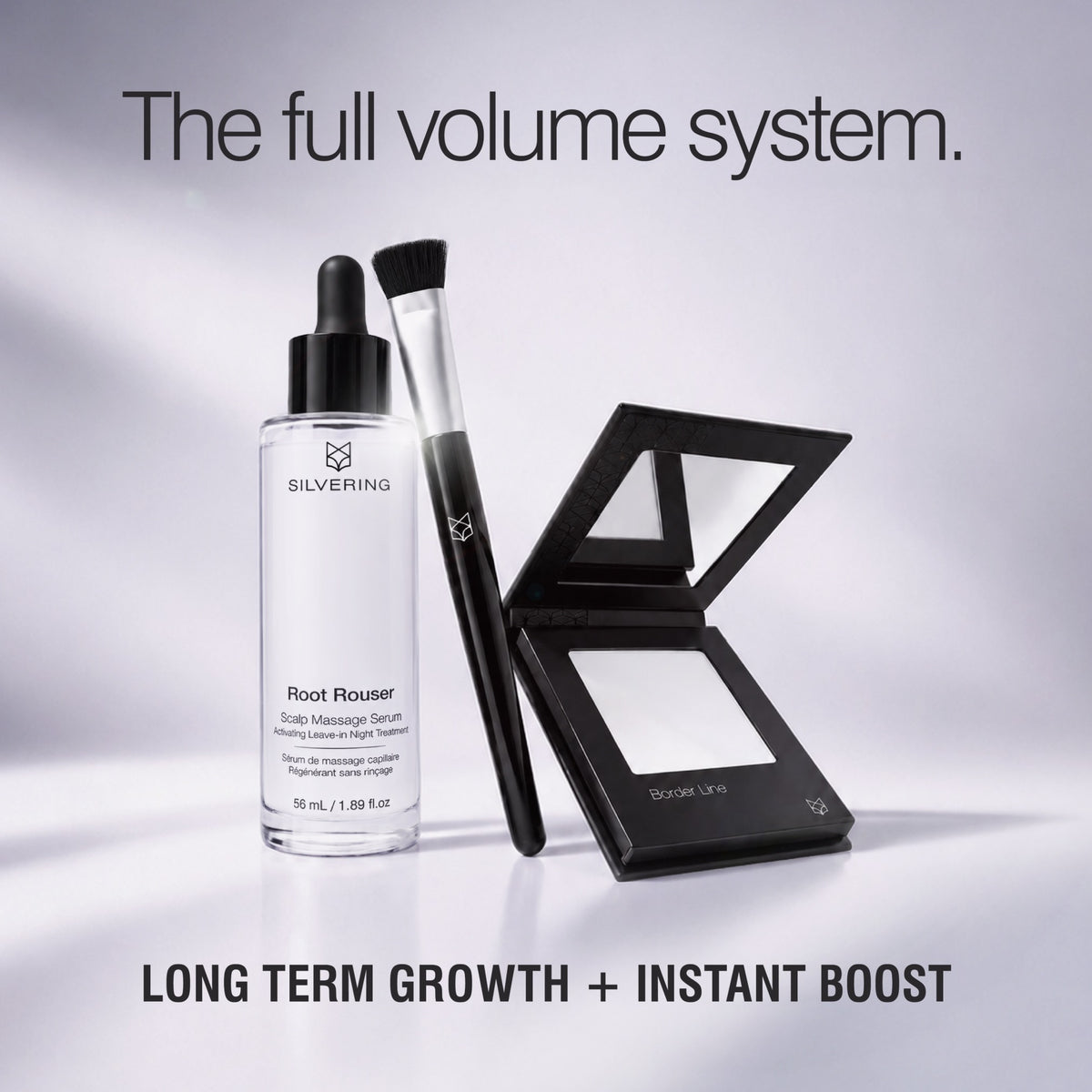 Border Line White filling powder for immediate fuller-looking silver hair with Root Rouser serum for longer-term growth support.