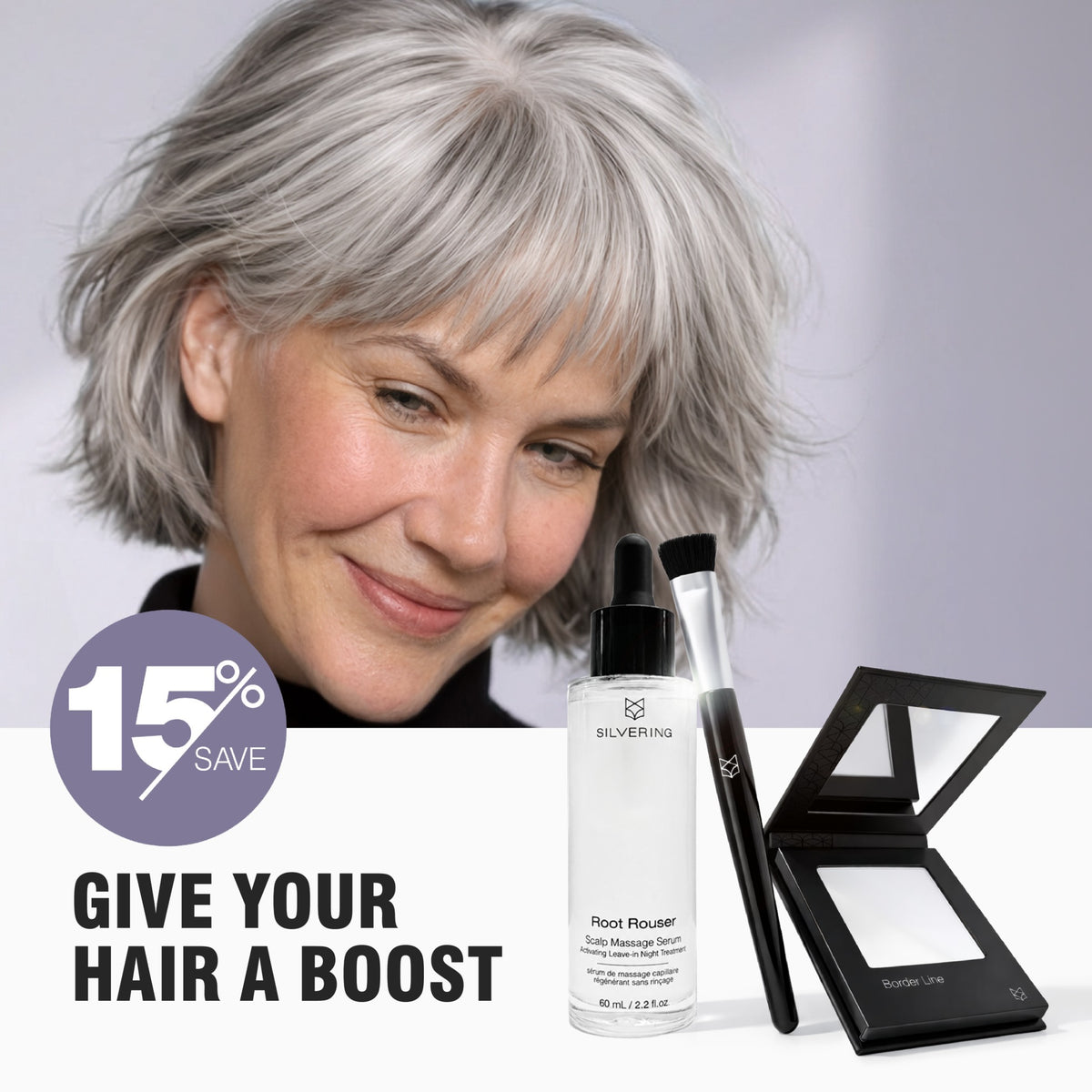 Woman with naturally silver hair beside Border Line White hair filling powder and Root Rouser scalp growth serum.