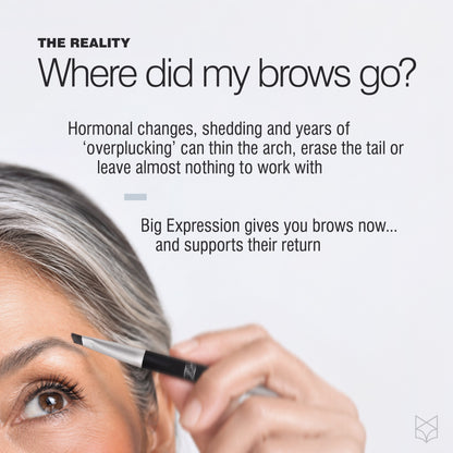 Woman with naturally silver hair filling a sparse eyebrow and missing brow tail with True Expression powder.